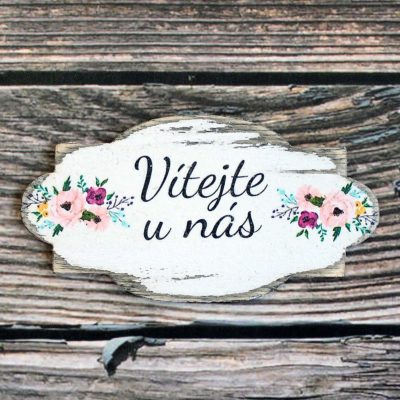 Cedulka "Vítejte u nás" - barva bílá s patinou