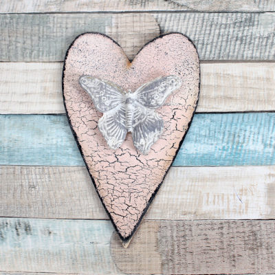 Srdce velké - barva starorůžová, popraskaný vzhled, plastický motýl