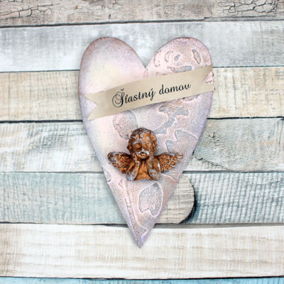 Srdce velké "Šťastný domov" - barva starorůžová, plastický andílek