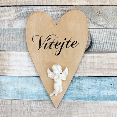 Srdce velké "Vítejte" - barva vintage hnědá, plastický andílek